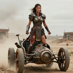 movie frame with female warrior standing on steam punk buggy with wood wheels, chase scene, hyperrealism, armor inspired by incas and doom and fashion, symmetrical clean faces, epic, award winning, establishing shot, fit body, blooded, extremely high detail, photorealistic, brutal, octane render, editorial, documentary photography