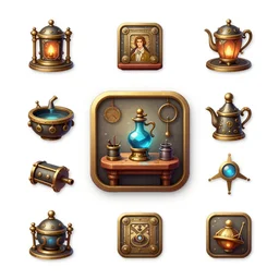 ui designer ， icon design ， the game icon ， cord ， game asset vector art, steampunk ， alchemy workshop desk by victo ngai and alphonse mucha ， ultra detailed ， reference sheet white background fine details unreal engine, 4 k hd wallpaperjpeg artifact, blur, artfact