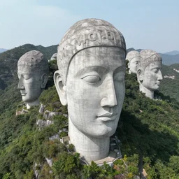 gigantic concrete human head busts, integrated in the mountains, surrounded by vegetation, perspective shot from the sky, realistic, by origiful, 4 k