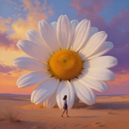 giant daisy flower head, girl walking in the desert, surreal photography, sunrise, dramatic light, impressionist painting, colorful clouds, digital painting, artstation, simon stalenhag