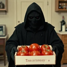 “1960s comic grim reaper brings box of tomatoes to adult for birthday”