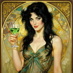 a crafty seductive woman in a cocktail dress holding a glass of absinthe. she has long wavy black hair and green eyes and a smirk. art deco background. beautiful painting by artgerm and greg rutkowski and alphonse mucha
