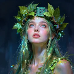 a glowing, dewy cyberpunk druid wearing a crown of leaves and circuit boards, looking upwards, spotlight, brush strokes, paint drips, vibrant colors, beautiful eyes, by marco paludet and gianni strino and marion bolognesi