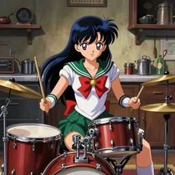 sailor mercury play in drums in old musician room, background old ussr kitchen, anime art, unreal render, hyper detailed drawing, intricate, anime key visual, manga, digital painting, artstation, hard focus, symmetry, illustration, landscape