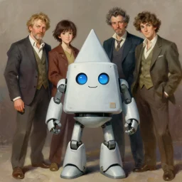 a square and triangular robot mascot character posing for a picture, digital painting, masterpiece by rembrandt and thomas kinkade and frank frazetta and kentaro miura, by reiq and tite kubo, stylized yet realistic faces and anatomy, advanced lighting technology, beautiful, gorgeous brush strokes