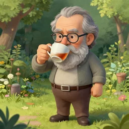 mr robert is drinking fresh tea in a garden from spiral mug, detailed face, wearing glasses, grey beard, full body artistic photo