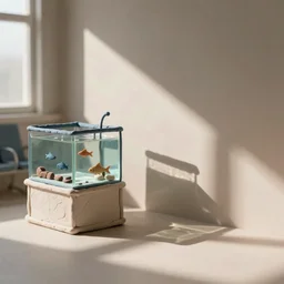 plasticine sculpture. fish tank in hospital waiting room. john craxton. shadows. stop motion. clay. shadows. minimal.
