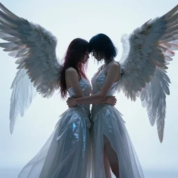 cyberpunk two angels with wings hugging each other standing
