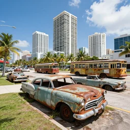 wide angle shot of dilapidated fallout 5 miami, tropical coastal city, desolate, dilapidated, just a rusted retro futuristic vintage parked vehicles like cars, buses, trucks, trams, sunny weather, few clouds, volumetric lighting, photorealistic, daytime, spring, sharp focus, ultra detailed, technicolour 1