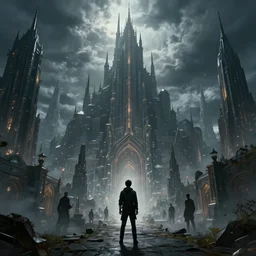 A person standing in the foreground of a massive fantasy city by Greg Rutkowski, Sung Choi, Mitchell Mohrhauser, Maciej Kuciara, Johnson Ting, Maxim Verehin, Peter Konig, final fantasy , 8k photorealistic, cinematic lighting, HD, high details, dramatic, dark atmosphere, trending on artstation