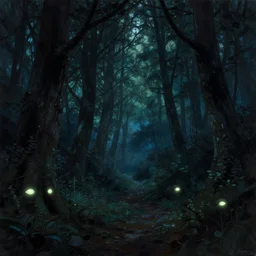 glowing eyes in the dark forest at night, concept art, trending on artstation, wlop, ross draws, digital painting, mixed media, intricate details, volumetric lighting