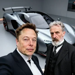 elon musk taking a selfie with nikola tesla in front of a futuristic sports car