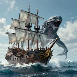 pirate ship being attacked by the kraken, kraken attacking pirate ship in rough seas, photorealistic illustration, high quality render, 8 k resolution, octane render