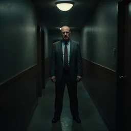 ominous found footage screencap of a dark hallway with saul goodman standing at the end of it