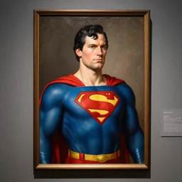 a museum exhibit of the hans holbein portrait of superman. high quality photograph