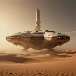 dawn on an alien dune planet, brutalist spacecraft covered in dust, vanishing view perspective, epic, cinematic, sense of perspective, detailed, ominous lighting, syd mead