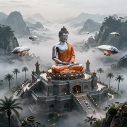 a detailed buddhist temple on a misty mountain, a single sitting cyborg buddha with an orange robe silhouette, sci fi high detailed valley with palm trees, high camera angle, mystic atmosphere, a detailed metallic temple on a misty mountain, shiny metallic airships with reflections, volumetric fog, perspective painting, atmospheric shot, cinematic establishing shot, high detail digital painting, unreal engine, maya
