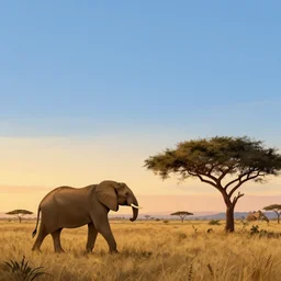 quentin blake, james jean illustration of a safari at sunset