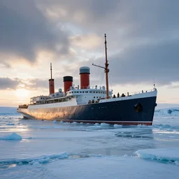 the ship hms terror frozen in the ice in the arctic, the setting sun under heavy clouds, photo art, archival
