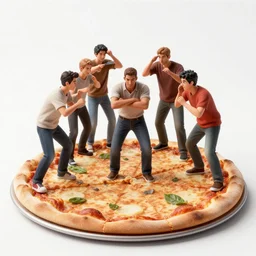 a group of men struggling to stand on a pizza, high quality photo, 8 k, extreme detail