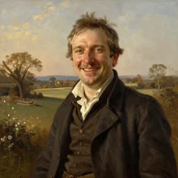 happy John Hamm in golden evening light in the style of Gainsborough