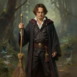 elegant fantasy wizard based on johnny depp holding a broom natural lighting, path traced, highly detailed, high quality, digital painting, by don bluth and ross tran and studio ghibli and alphonse mucha, artgerm