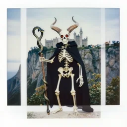 by keith mallett, by aleksi briclot poloroid playful. a beautiful photograph of a horned, red - eyed, skeleton - like creature, with a long black cape, & a staff with a snake wrapped around it, standing in front of a castle atop a cliff.