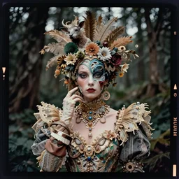 kodak portra 4 0 0, wetplate, photo of a surreal artsy dream scene,, weird fashion, in the nature, ultra - realistic face, portrait, extravagant dress, carneval, animal, wtf, photographed by paolo roversi style and julia hetta