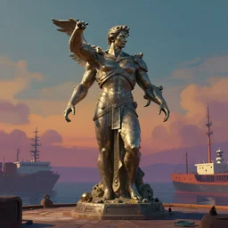 utopian colossus statue in the docks by ralph horsley, rossdraws, matte painting, stylized background, cinematic lighting, maya, pixar, unreal engine, artstation