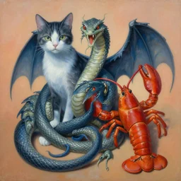 painting of hybrid between cat & dragon & snake & lobster, intercrossed animal, by zdzislaw beksinski, by lewis jones, by mattias adolfsson, cold hue's, warm tone gradient background, concept art, beautiful composition, digital painting