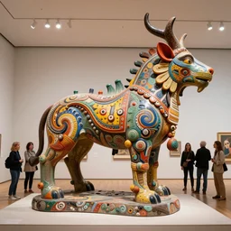 etablishing wide view shot of stunning colorful intriguing polished painted massive clay * poetic * sculpture of a mythic animal by * beth cavener * in moma museum. with collaboration of ellen jewett, beth cavener, sayaka ganz, edouard martinet, john o'reilly and judith klausner. joyfull