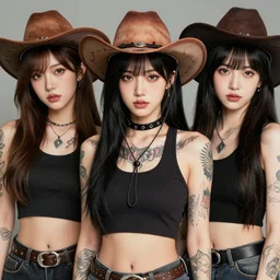 full view of taiwanese girl with tattoos, wearing a cowboy hat, style of yoshii chie and hikari shimoda and martine johanna, highly detailed