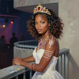 palette knife oil painting portrait of young whitney houston, a princess - with gold tiara with rubies and diamonds, woman in white dress and australian aboriginal body paint, concrete balcony, nightclub, artstation trending, artgerm, any racial background, deviant art, hipster, octane, substance, art history 8 k