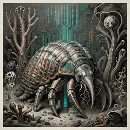 trilobite deity by jeffrey smith and wlop and gustave dore, featuring crinoids, circuitry, code, binary, cryptonomicon, dmt entity, ambient occlusion, 3 d concept render, scientifically accurate, artstation, intricate, beautiful, look at that detail!