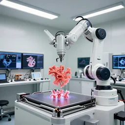 a complex thick bifurcated robotic cnc surgical arm cybernetic symbiosis hybrid mri 3 d printer machine printing some highly detailed large ferrari motor fractal forms in inspection laboratory control panel room, 4 k, large monitor screens, knobs, drone camera lens orbs, bright lighting, octane render, natural color scheme, photo still from movie by denis villeneuve,