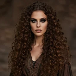 ethereal beautiful woman with long curly hair in romany gypsy outfit, high detail, detailed dark eyeshadow, brown dark aesthetic, fantasy, epic style