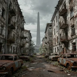 a view deep into the back streets of an abandoned dystopian soviet city after the apocalypse, rusted cars on the street, mystical obelisk in the background, muted color, matte painting, sci - fi, by simon stalenhag