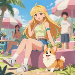 beautiful anime painting scene of sunny hiphop solarpunk princess summertime chill with corgi, by dao le trong, daniela uhlig, craig mullins, craig davison. trending on artstation, 8 k, masterpiece, graffiti paint, fine detail, full of color, intricate detail, golden ratio illustration