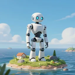 robot stranded on an island, extremely detailed, sharp focus, wide view, full body shot, smooth, digital illustration, by james jean, by rossdraws, frank franzzeta, mcbess, sakimichan, brosmind, steve simpson