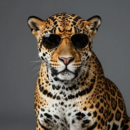 a riveting studio portrait of a stylish humanoid jaguar wearing sunglasses. annie leibovitz tri - x