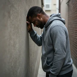 a ultra high resolution photo a black man, 4 0 years old, standing in a huddie. he is standing with his head pressed on the wall in a narrow alleyway. he is crying. the light is dim, and the colours are muted.