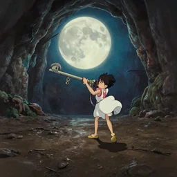 a wholesome animation key shot of a deep muddy dark floor cave cave panorama with giant moon, studio ghibli, pixar and disney animation, sharp, rendered in gouache painting, anime gouache key art by greg rutkowski, bloom, dramatic, dynamic lighting