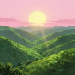 lush green valley with pink anime sky clouds backlit by yellow sun, godrays, high contrast, vibrant colors, vivid colors, high saturation, fantasy, artwork, aesthetic, calming, very beautiful scenery, hd, hdr, ue5, ue6, unreal engine 5, cinematic, 4k wallpaper, 8k ultra, by Greg Rutkowski and Jesper Ejsing and Raymond Swanland and alena aenami, featured on artstation, wide angle