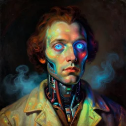 a baroque neoclassicist close - up portrait of a colorful retrofuturistic blacklight uv cyborg scientist with glowing eyes, glowing fog in the background. renaissance portrait painting. highly detailed science fiction painting by norman rockwell, frank frazetta, and syd mead. rich colors, high contrast, gloomy atmosphere, dark background. trending on artstation