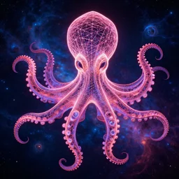 highly detailed generative art, symmetrical neon octopus, string art by janusz jurek, background outer space nebulas by Pilar Gogar 4k HDR