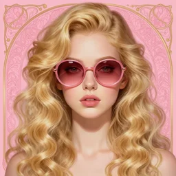 a cinematic portrait scene female girl with long blonde curly hair and big round pink sunglasses, pink background, intricate, elegant, highly detailed, digital painting, artstation, concept art, smooth, sharp focus, illustration, art by artgerm and greg rutkowski and alphonse mucha