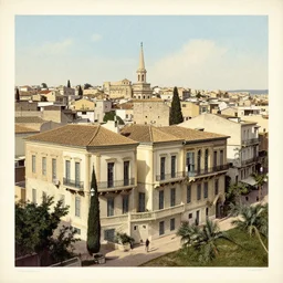 high - quality photograph of a french colonial city in algeria with second empire style houses, photocrom print, postcard, 1 9 0 9.