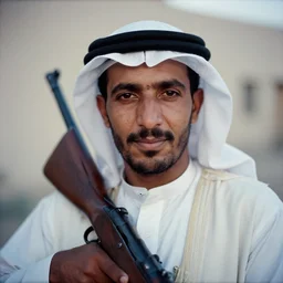 medium format photograph of bedouin man with rifle, close up, ektachrome, hasselblad film shallow focus portrait, soft light photographed on expired color film,