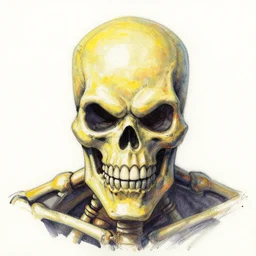macro head shot centered j scott campbell!!! ink colored airbrushed gouache sketch by j scott campbell centered symmetrical headshot of maniac skeletor in the style ofj scott campbell