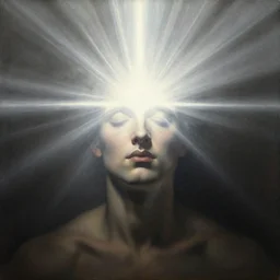 painting portrait of a person with a bright light beam emanating rays of light and totally covering their head, matte painting, masterpiece, by Caravaggio, desaturated, cosmic horror, calm, serene